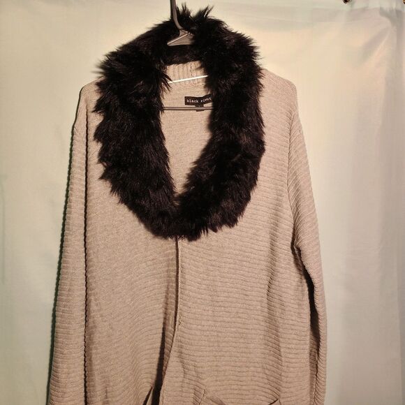 Women's Taupe Knit Cardigan with Black Faux Fur Collar – Cozy Open Front Sweater - Picture 2 of 6